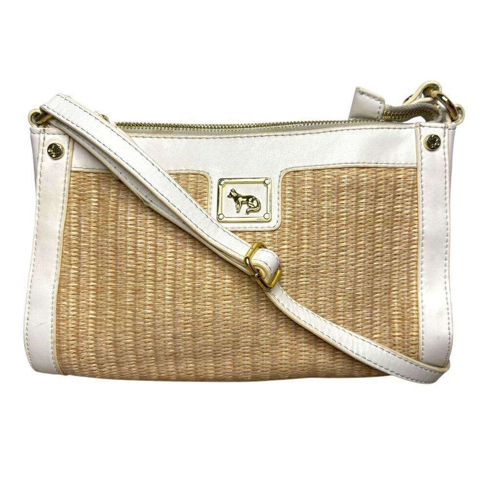Emma Fox Leather Woven Jute Shoulder Bag White Tan Designer Purse